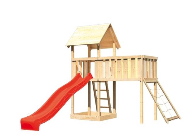Akubi Spielturm Lotti natur mit Anbauplattform XL, Netzrampe und Rutsche rot