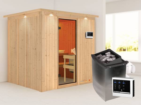 Karibu Sauna Sodin 68 mm- klassische Saunatür- 4,5 kW Ofen ext. Strg- mit Dachkranz