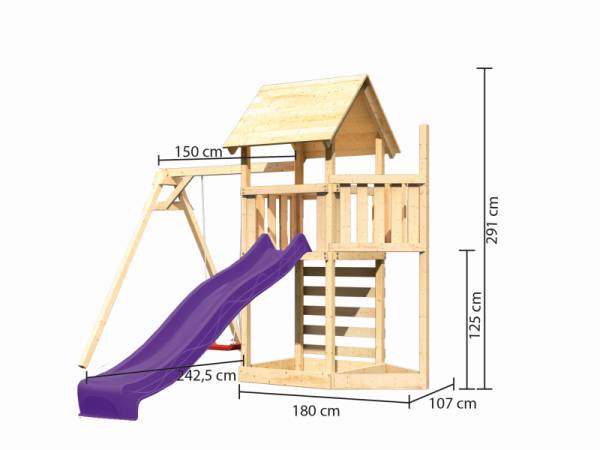 Akubi Spielturm Lotti Satteldach + Schiffsanbau oben + Einzelschaukel + Kletterwand + Rutsche in violett