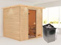 Karibu Sauna Jara inkl. 9 kW Ofen integr. Steuerung mit klassischer Saunatür -mit Dachkranz-