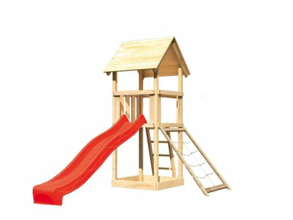 Akubi Spielturm Lotti mit Netzrampe und Rutsche rot