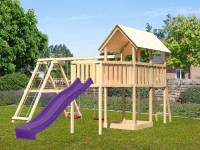 Akubi Spielturm Danny Satteldach + Rutsche violett + Doppelschaukelanbau Klettergerüst + Anbauplattform XL