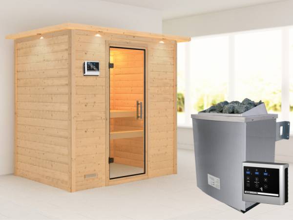 Karibu Woodfeeling Sauna Sonja - Klarglas Saunatür - 4,5 kW Ofen ext. Strg. - mit Dachkranz
