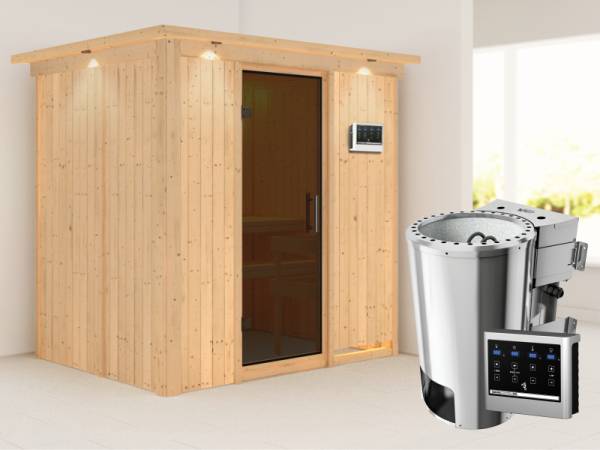 Fanja - Karibu Sauna Plug & Play 3,6 kW Bio Ofen, ext. Steuerung - mit Dachkranz - Moderne Saunatür