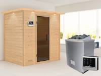 Karibu Sauna Sonja - Moderne Saunatür - 4,5 kW Ofen ext. Strg. - mit Dachkranz