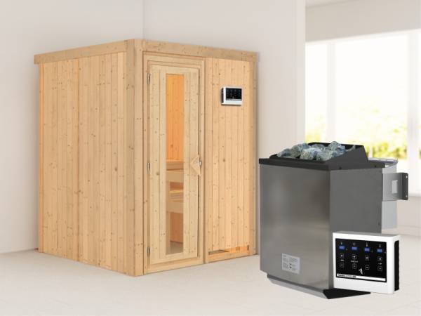 Karibu Sauna Norin- energiesparende Saunatür- 4,5 kW Bioofen ext. Strg- ohne Dachkranz
