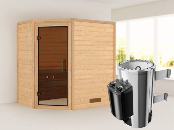 Cilja - Karibu Sauna Plug & Play 3,6 kW Ofen, int. Steuerung - ohne Dachkranz - Moderne Saunatür