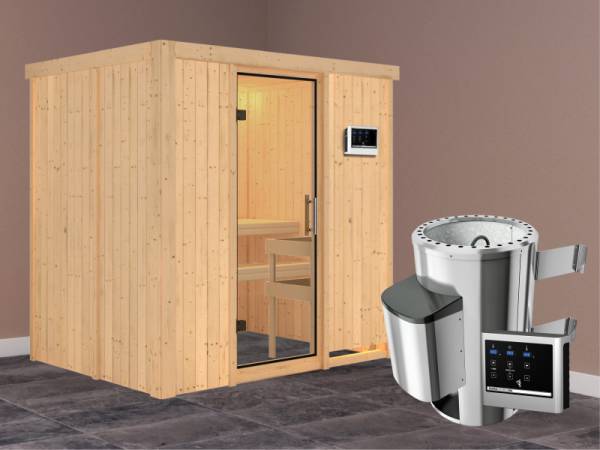Fanja - Karibu Sauna Plug &amp; Play 3,6 kW Ofen, ext. Steuerung - ohne Dachkranz - Klarglas Ganzglastür