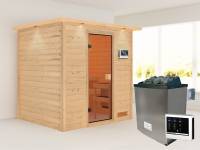 Karibu Sauna Adelina inkl. 9 kW Ofen ext. Steuerung mit klassischer Saunatür -mit Dachkranz-