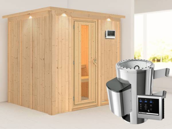 Daria - Karibu Sauna Plug & Play 3,6 kW Ofen, ext. Steuerung - mit Dachkranz - Energiespartür