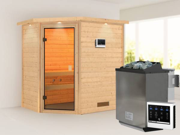 Karibu Sauna Jella mit 4,5 kW BIO-Ofen ext. Strg mit Dachkranz