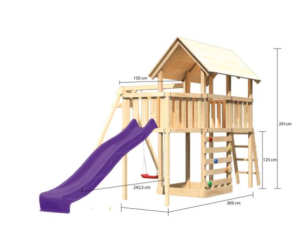 Akubi Spielturm Danny Satteldach + Rutsche violett + Einzelschaukel + Anbauplattform + Kletterwand