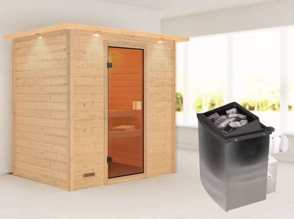 Karibu Sauna Sonja inkl. 9 kW Ofen integr. Steuerung mit klassischer Saunatür -mit Dachkranz-