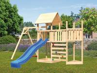 Akubi Spielturm Lotti Satteldach + Schiffsanbau oben + Anbauplattform + Einzelschaukel + Kletterwand + Rutsche in blau
