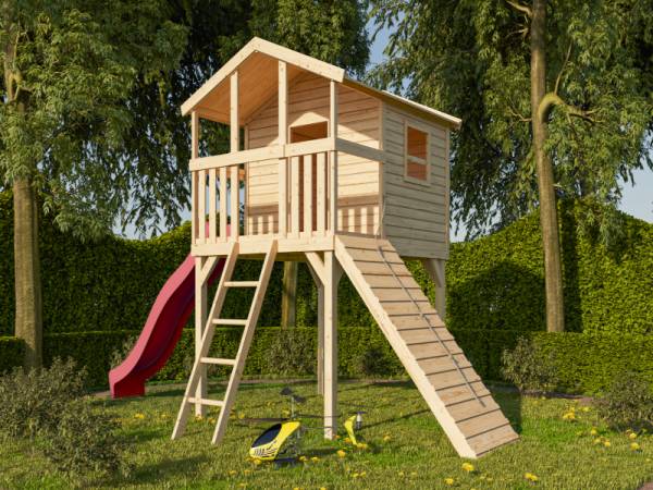 Akubi Stelzenhaus Benjamin naturbelassen + Rutsche rot + Holzrampe Akubi Stelzenhaus Benjamin naturbelassen + Rutsche rot + Holzrampe