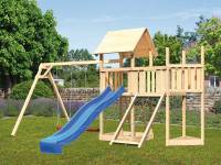 Akubi Spielturm Lotti Satteldach + Schiffsanbau oben + Anbauplattform + Doppelschaukel + Netzrampe + Rutsche in blau