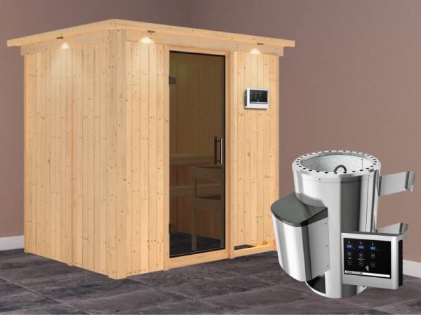 Fanja - Karibu Sauna Plug &amp; Play 3,6 kW Ofen, ext. Steuerung - mit Dachkranz - Moderne Saunatür