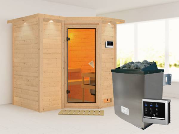 Karibu Sauna Sahib 1 inkl. 9 kW Ofen ext. Steuerung, mit klassischer Saunatür -mit Dachkranz-