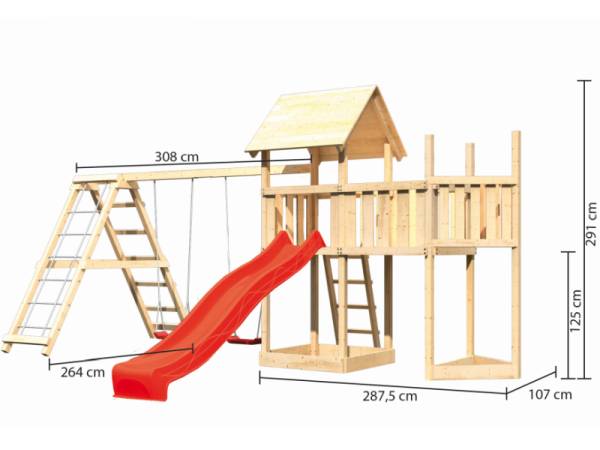 Akubi Spielturm Lotti Satteldach + Schiffsanbau oben + Anbauplattform + Doppelschaukel mit Klettergerüst + Rutsche in rot