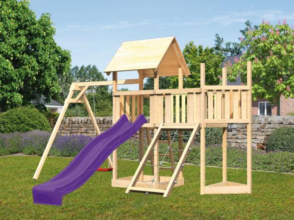 Akubi Spielturm Lotti Satteldach + Schiffsanbau oben + Anbauplattform + Einzelschaukel + Netzrampe + Rutsche in violett