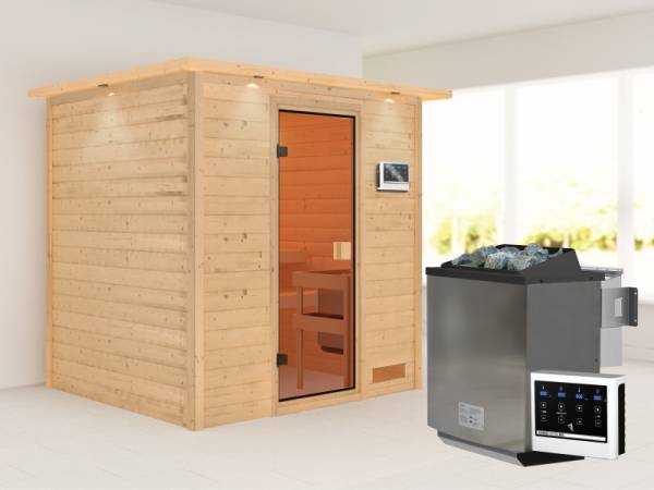 Karibu Sauna Adelina inkl. 9 kW Bioofen ext. Steuerung mit klassischer Saunatür -mit Dachkranz-