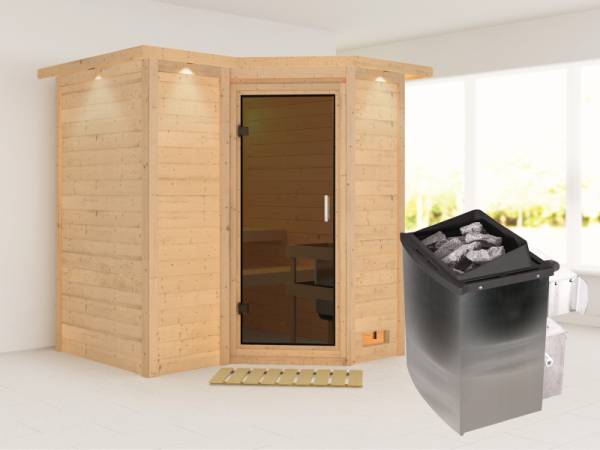 Karibu Sauna Sahib 1 inkl. 9 kW Ofen integr. Steuerung, mit moderner Saunatür -mit Dachkranz-