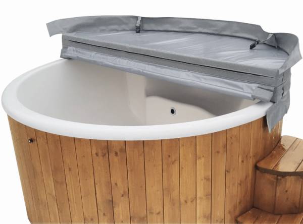 Wolff Finnhaus Badebottich Hot Tub de luxe Eiche mit weißem GFK-Einsatz, integriertem Außenofen