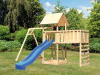 Akubi Spielturm Lotti Satteldach + Rutsche blau + Einzelschaukel + Anbauplattform XL + Kletterwand