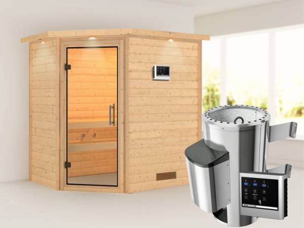 Cilja - Karibu Sauna Plug & Play 3,6 kW Ofen, ext. Steuerung - mit Dachkranz - Klarglas Ganzglastür