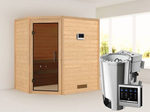 Cilja - Karibu Sauna Plug & Play 3,6 kW Bio Ofen, ext. Steuerung - ohne Dachkranz - Moderne Saunatür