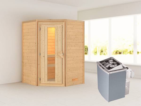 Karibu Woodfeeling Sauna Franka - energiesparende Saunatür - 4,5 kW Ofen integr. Strg - ohne Dachkranz