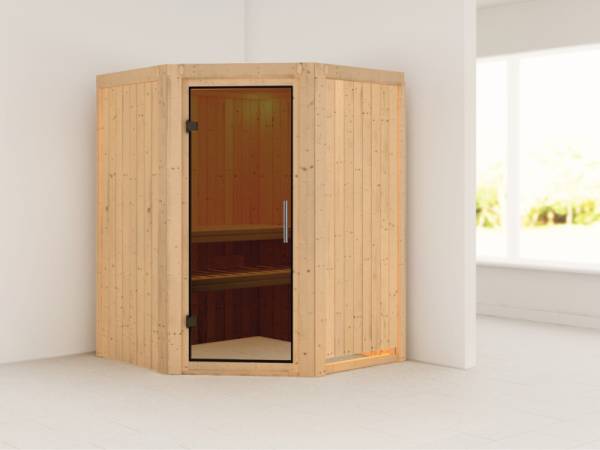 Nanja - Karibu Sauna Plug & Play ohne Ofen - ohne Dachkranz - moderne Saunatür