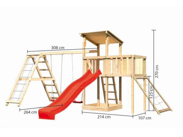 Akubi Spielturm Anna + Rutsche rot + Doppelschaukelanbau Klettergerüst + Anbauplattform + Netzrampe