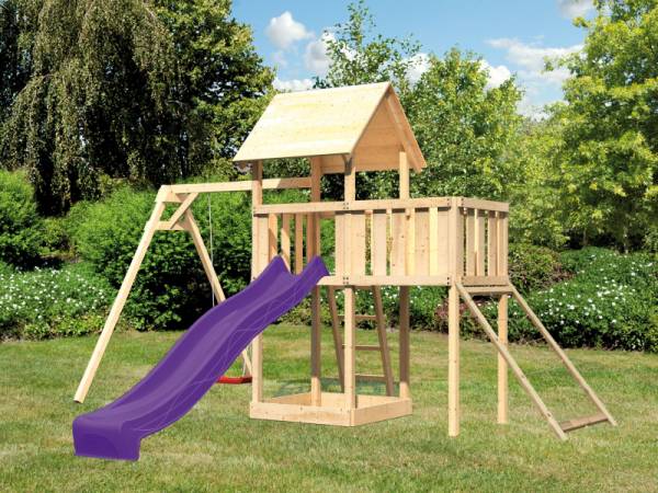 Akubi Spielturm Lotti Satteldach + Rutsche violett + Einzelschaukel + Anbauplattform + Netzrampe Akubi Spielturm Lotti Satteldach + Rutsche violett + Einzelschaukel + Anbauplattform + Netzrampe
