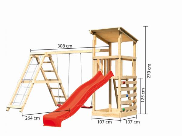 Akubi Spielturm Anna + Rutsche rot + Doppelschaukelanbau Klettergerüst + Kletterwand
