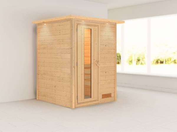 Nadja - Karibu Sauna Plug & Play ohne Ofen - mit Dachkranz - Energiespartür Nadja - Karibu Sauna Plug & Play ohne Ofen - mit Dachkranz - Energiespartür
