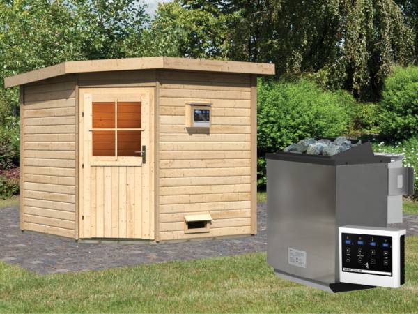 Karibu Saunahaus Hilda 38 mm mit 9 kW Bioofen Ext. Strg Karibu Saunahaus Hilda 38 mm mit 9 kW Bioofen Ext. Strg