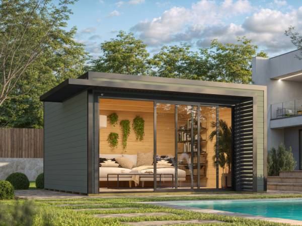 Weka Design-Gartenhaus Pure Garden Amberley 1/3, 44 mm, 400x400 cm, Graugrün/Anthrazit, große Schiebetür Weka Design-Gartenhaus Pure Garden Amberley 1/3, 44 mm, 400x400 cm, Graugrün/Anthrazit, große Schiebetür