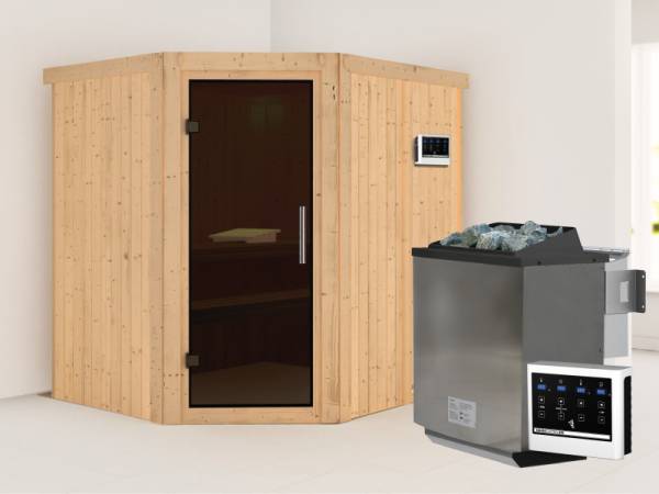 Karibu Sauna Siirin inkl. 9 kW Bioofen ext. Steuerung mit moderner Saunatür -ohne Dachkranz-