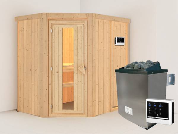 Karibu Sauna Carin inkl 9 kW Ofen ext. Steuerung, mit energiesparender Saunatür -ohne Dachkranz-