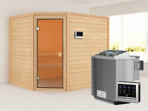 Karibu Sauna Lisa 38 mm ohne Dachkranz- 9 kW Bioofen ext. Strg- Klassische Saunatür