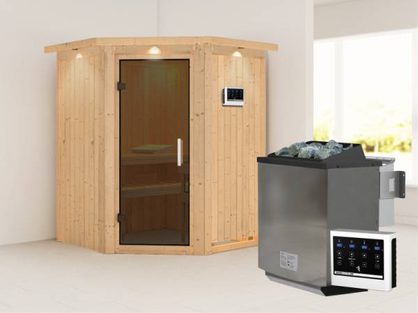 Karibu Sauna Larin- moderne Saunatür- 4,5 kW Bioofen ext. Strg- mit Dachkranz