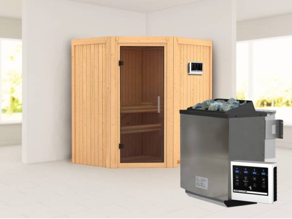 Karibu Sauna Taurin- moderne Saunatür- 4,5 kW Bioofen ext. Strg- ohne Dachkranz