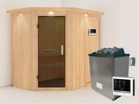 Karibu Sauna Carin- moderne Saunatür- 4,5 kW Ofen ext. Strg- mit Dachkranz