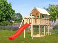 Akubi Spielturm Danny Satteldach + Rutsche rot + Einzelschaukel + Anbauplattform