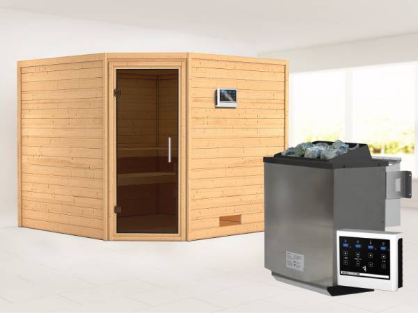Karibu Sauna Leona 38 mm ohne Dachkranz- 9 kW Bioofen ext. Strg- moderne Tür
