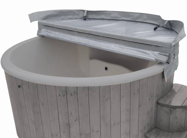 Wolff Finnhaus Badebottich Hot Tub de luxe Hellgrau mit grauem GFK-Einsatz, integriertem Außenofen