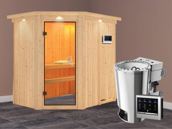 Saja - Karibu Sauna Plug &amp; Play inkl. 3,6 kW-Bioofen - mit Dachkranz -