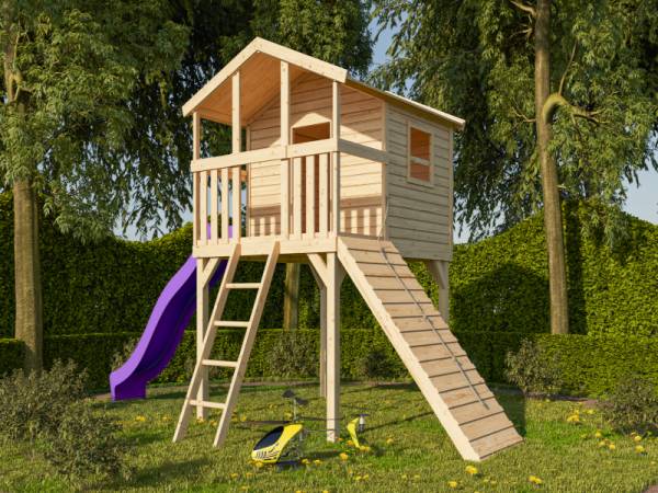Akubi Stelzenhaus Benjamin naturbelassen + Rutsche violett + Holzrampe Akubi Stelzenhaus Benjamin naturbelassen + Rutsche violett + Holzrampe
