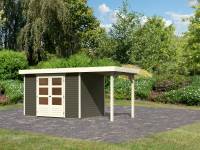 Karibu Woodfeeling Gartenhaus Askola 4 in terragrau mit Anbaudach 1,5 Meter